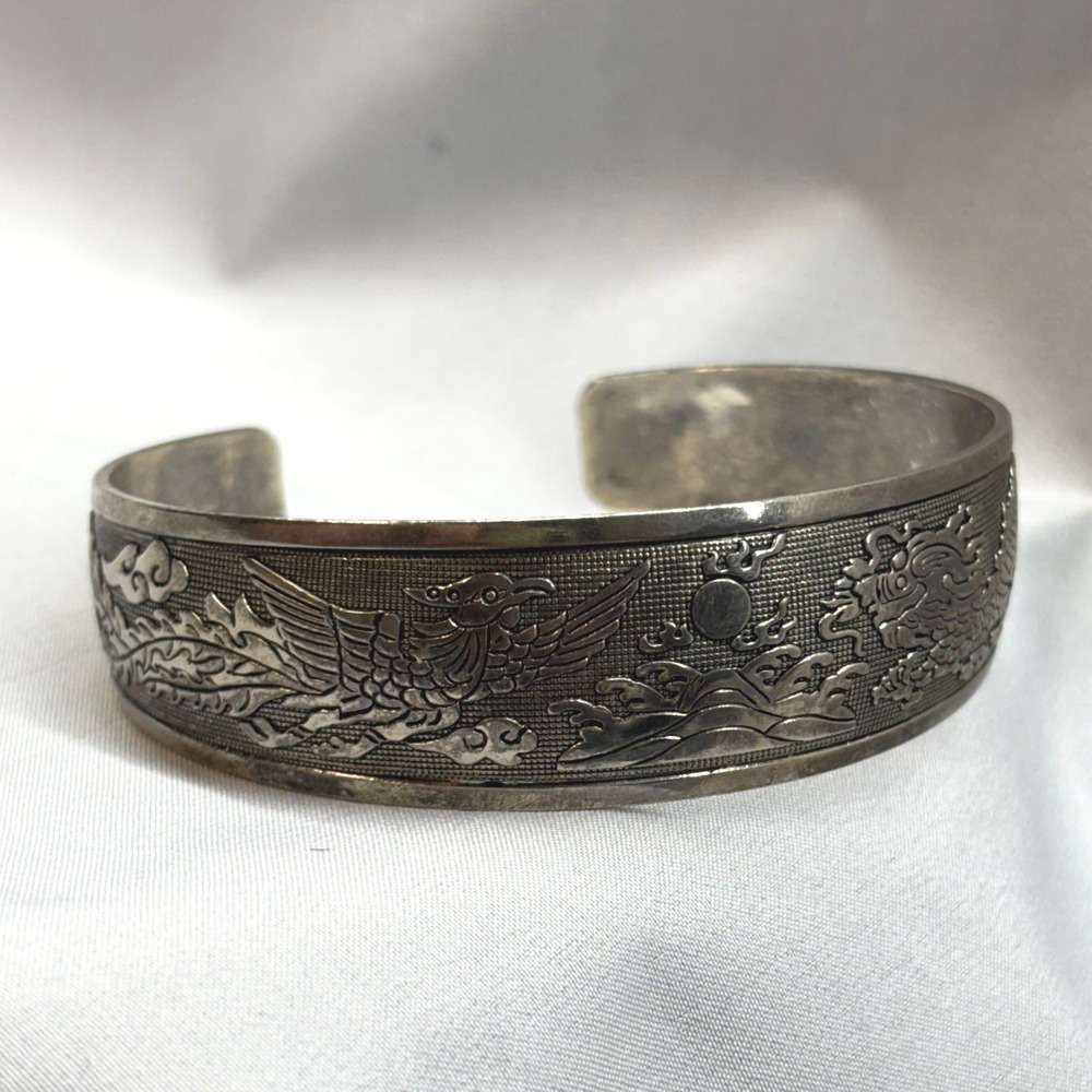Unbranded Dragon Phoenix Cuff Bracelet Unisex Silver Tone Good Embossed Costume